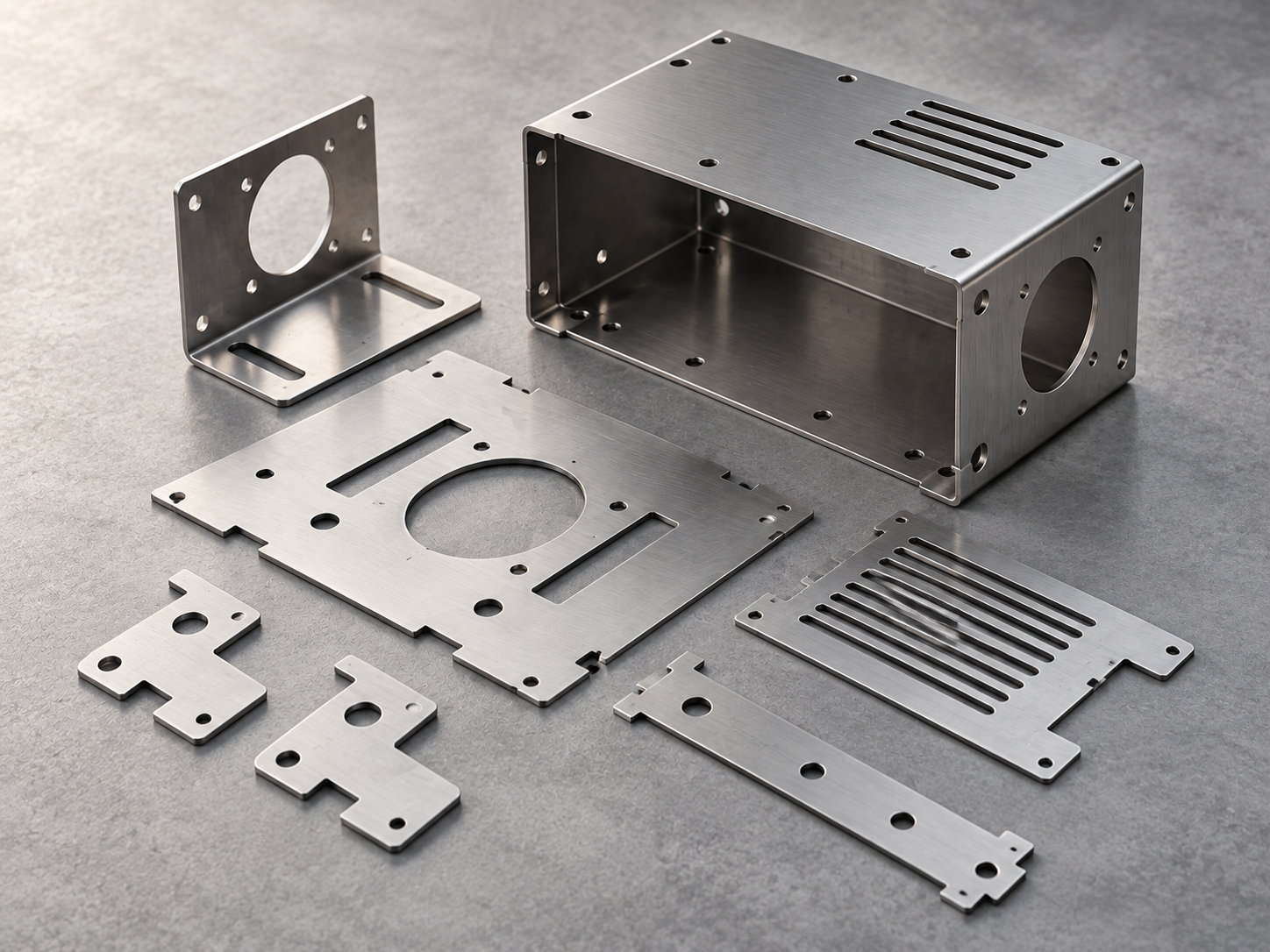 Image placeholder for laser-cut profiles and a formed sheet-metal enclosure